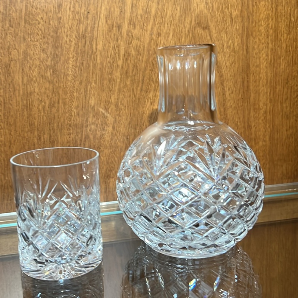 Cut Crystal Crosscut Diamond Pattern 
Carafe & Tumbler Large Bedside Table, NEW
